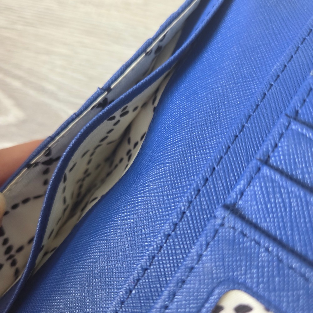 Kate Spade Wallet Bifold Slim Womens Blue Saffiano Leather Gold Logo Zip Pocket - Picture 9 of 11